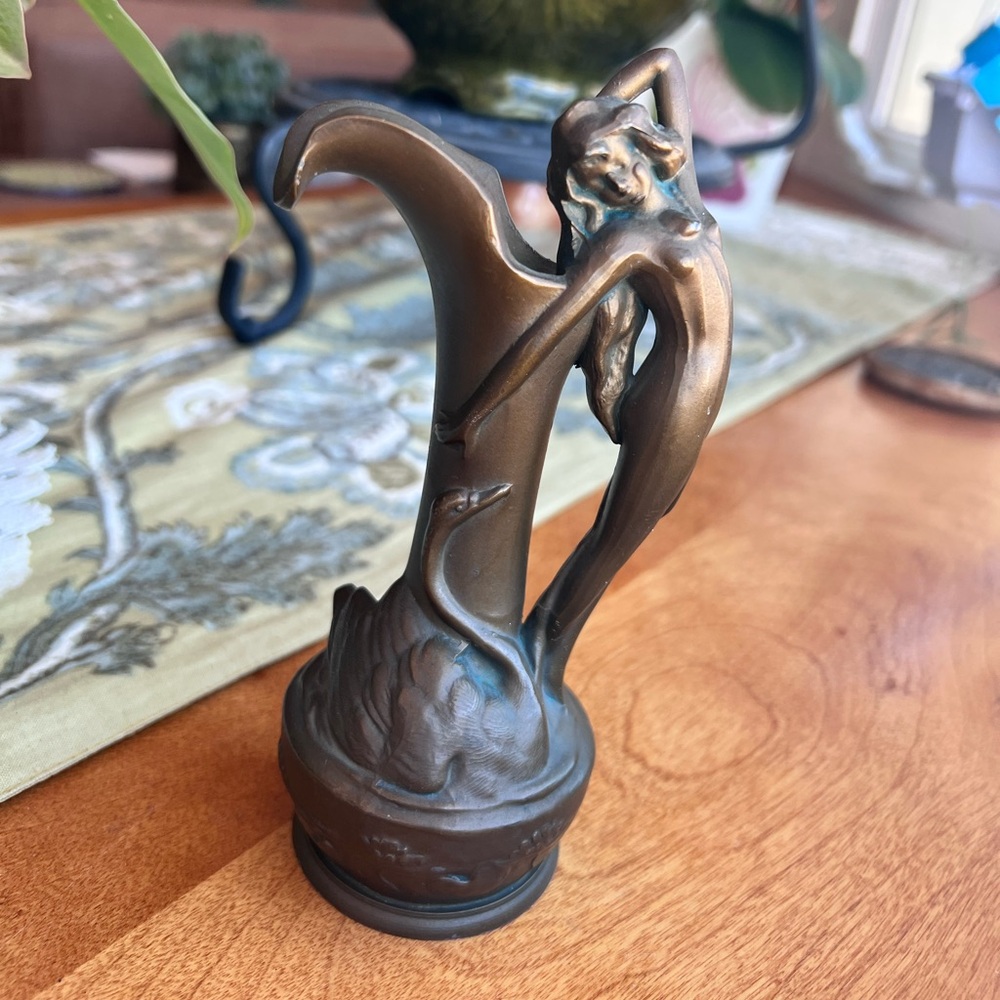 Art Nouveau Style Lady & Swan Bronze Finish Figural Vase Heavy Cast Metal 425